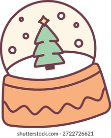 Globo de neve com abeto e neve caindo, contorno ousado e formas arredondadas. Símbolo de magia de feriado, maravilha de inverno, nostalgia e estação aconchegante. Ilustração de vetor de desenhos animados.