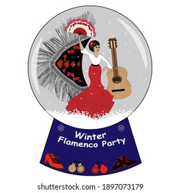 Snow globe with flamenco dancer inside it. Guitar, shawl, fan and other traditional flamenco attributes. Ads of winter dance party with space for your text.