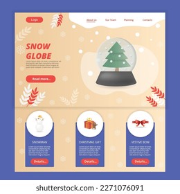 Snow globe flat landing page website template. Snowman, christmas gift, festive bow. Web banner with header, content and footer. Vector illustration.