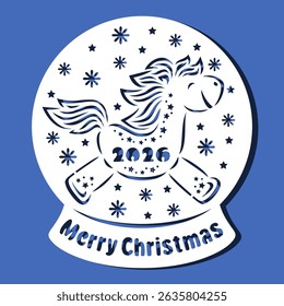 Snow globe with funny horse, snowflakes, Merry Christmas. Cute symbol of the Chinese New Year 2026. Vector template for plotter laser cutting of paper, fretwork, wood carving, metal engraving, cnc.