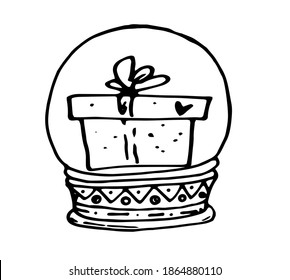 globo de caja de regalo de globo de nieve con lazo de lazo y mano del corazón dibujado en forma de Doodle contorno negro sobre fondo blanco. objeto navideño vectorial de año nuevo, bola aislada con un regalo dentro de un stand con