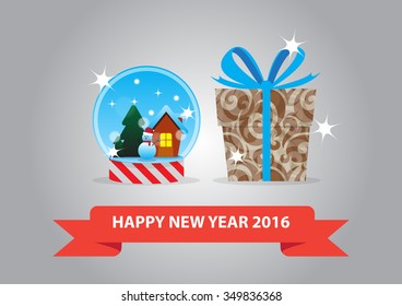 Snow globe and gift box for new year 2016