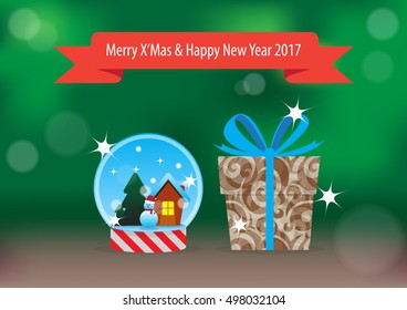 Snow Globe and gift box with red greeting ribbon for the Christmas and New year 2017 on the green backgrond with bokeh