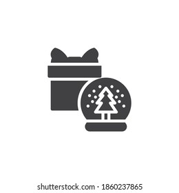 Snow Globe And Gift Box Vector Icon. Filled Flat Sign For Mobile Concept And Web Design. Christmas Snow Globe And Gift Glyph Icon. Symbol, Logo Illustration. Vector Graphics