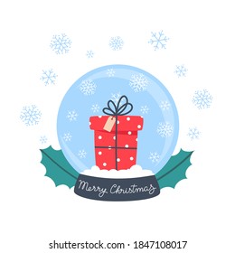 Balón de cristal de nieve con regalo y copos de nieve, ilustración vectorial de estilo plano