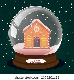 Snow globe with Gingerbread House and snowflakes. Vector illustration