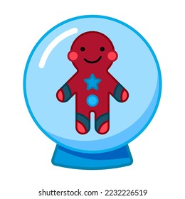 A snow globe with a gingerbread man. Cute flat vector illustration. Christmas, New Year, minimalism. Design, decoration of postcards, invitations, websites. Icon, Logo