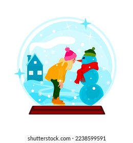 Snow globe with girl and snowman, winter scenery, happy holidays, Scandinavian winter. vector illustration.
