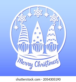 Snow globe with gnomes,snowflakes. Paper cut template. Merry Christmas phrase. Cute characters with beards, hats. Holiday symbols. Vector illustration. For postcard, window and wall decorations.