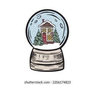 Snow Globe Hand Drawn Illustration, Vector.	