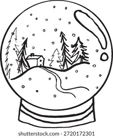 Schneekugel, handgezeichnete Illustration. Weihnachten Malvorlage. Kinder festlich Malbuch Seite 