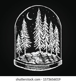 Snow globe hand-drawn chalk on a blackboard.New Year`s night landscape of a Christmas tree on snow against the background of the night sky with the moon. Happy holiday celebration.