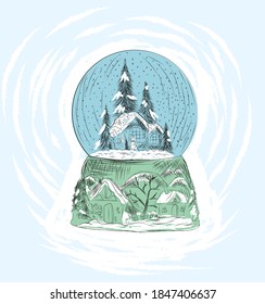 Snow globe hand-drawn in vector inside a house, a Christmas tree and falling snow on a stand from a landscape of houses and trees in a snowdrift