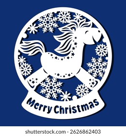 Snow globe with happy horse. Round Christmas decoration with laughing pony, snowflakes. Template for plotter laser cutting of paper, fretwork, wood carving, metal engraving, cnc. Vector illustration.