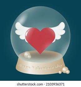 Eine Schneeglobe mit einem Herz in 3d. Romantische Illustration zum Valentinstag. Glasballon mit dem Symbol der Liebe - ein Herz. Vektorgrafik, Valentin.