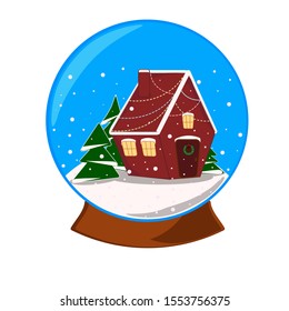 
Snow globe with a house and a Christmas tree inside. Dominated by blue, burgundy and green. Snowfall. Harmonious bright color. Vector image.