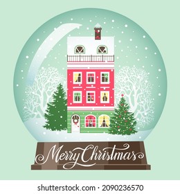 Snow globe, house, decorated Christmas tree, snow covered trees, snowfall, winter holiday vector illustration. Christmas and New Year background.