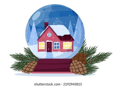 A snow globe with a house on the background of a snow-covered forest.