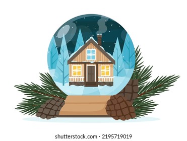 A snow globe with a house on the background of a snow-covered forest.