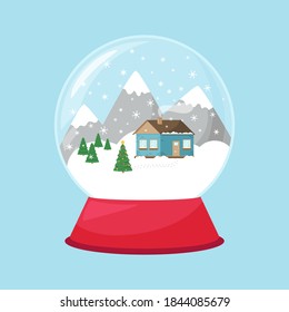 A snow globe with a house, snowdrifts and mountains inside. Cute toy, a symbol of winter, new year and Christmas. Illustration in a flat style, isolated on a blue background