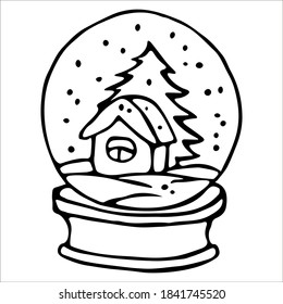 Snow globe with a house and a spruce. Single doodle vector illustration. Hand drawn.