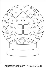 El globo de nieve con una casa y árboles - colorante antiestrés vectorial de imagen lineal para colorear. Esquema. Globo de nieve con estrellas, copos de nieve y una casa en el elemento forestal para libro de colorantes de invierno