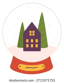 Un globo de nieve con una casa y árboles en el interior