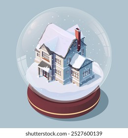 Snow globe with a house in winter scenery. Vector illustration