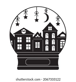 snow globe with houses, black stencil, vector isolated illustration