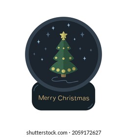 Snow globe icon. Glass ball with a Christmas tree and stars. Christmas card. Vector illustration in a modern flat style. Isolated on white background
