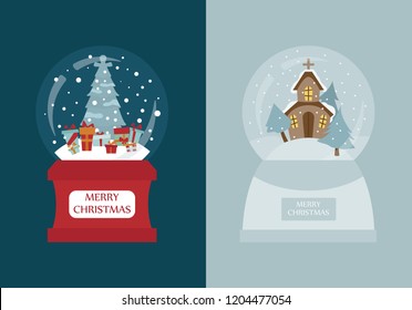 Snow globe icon set. Elements for christmas holiday greeting card, poster design. Vector illustration