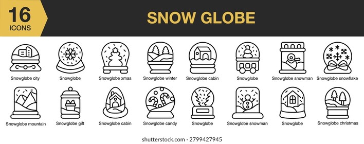 Snow Globe icon set. Includes winter scenes, miniature houses, snowflakes, Christmas decorations and More. Outline icons vector collection.