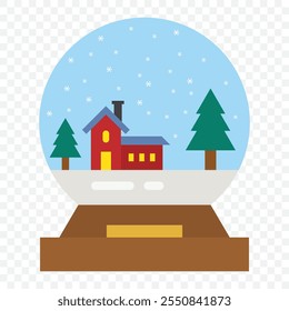 Schneekugel-Symbol. Vektor. Weihnachtsschneeball mit Baum und Schneeflocken. Feiertagssymbol einzeln auf weißem Hintergrund im flachen Design. Cartoon bunte Illustration. eps 10.