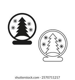 Snow globe icons. Christmas tree inside. Decorative winter symbols. Black and white vector.