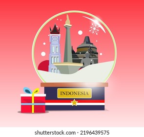 snow globe, illustration and vector,
 Indonesia, plus the country's iconic symbols, is so beautiful