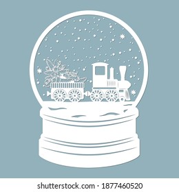 A snow globe, snow inside and a Christmas tree in the locomotive. Train. Laser cut. Vector illustration. Pattern for the laser cut, plotter and screen printing.