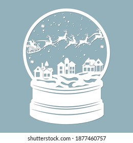 Un globo de nieve, nieve dentro y un árbol de Navidad con santa claus, reno. Santa claus. Corte láser. Ilustración vectorial. Patrón para el corte láser, el trazador y la impresión de pantalla.