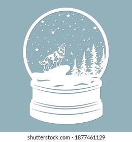 A snow globe, snow inside and a Christmas tree with wolf. Laser cut. Vector illustration. Pattern for the laser cut, plotter and screen printing.