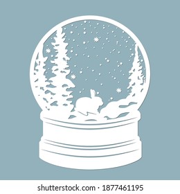 A snow globe, snow inside and a Christmas tree with rabbit, hare. Laser cut. Vector illustration. Pattern for the laser cut, plotter and screen printing.