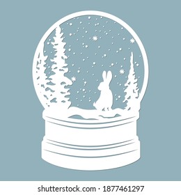 A snow globe, snow inside and a Christmas tree with rabbit, hare. Laser cut. Vector illustration. Pattern for the laser cut, plotter and screen printing.