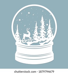 A snow globe, snow inside and a Christmas tree with, deer. Laser cut. Vector illustration. Pattern for the laser cut, plotter and screen printing.