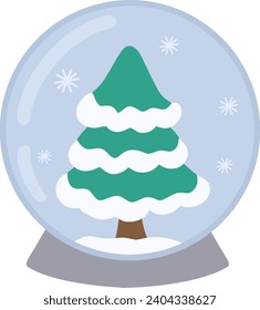 A snow globe, inside a Christmas tree and snowflakes. Christmas decoration. Vector illustration of a crystal snow globe with a Christmas tree inside.  A festive illustration.