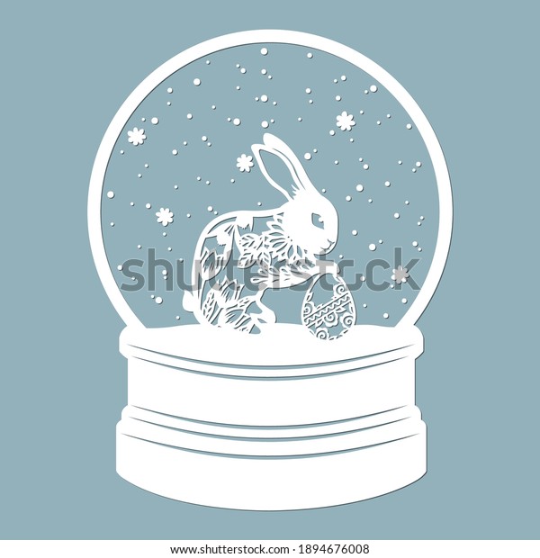 A snow globe, Inside is an Easter bunny. Laser\
cut. Vector illustration. Pattern for the laser cut, plotter and\
screen printing.