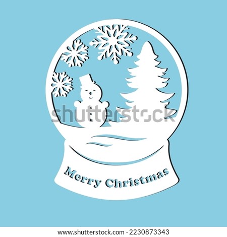 Snow globe inside a snowman, winter landscape, Christmas tree and snowflakes. Merry Christmas design. Silhouette. For laser cutting and plotter.