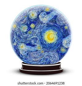 Snow globe with inside a starry sky with glowing yellow moon isolated on white background. Vector illustration in the style of impressionist paintings.