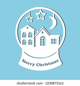 Snow globe inside with winter cityscape and moon and stars. Merry Christmas design. Silhouette. For laser cutting and plotter.