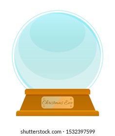 Snow globe, isolated bauble made of glass with pedestal of wood. Empty ball with inscription on label. Decoration in winter season and christmas time. Toy for kids and adults flat style vector