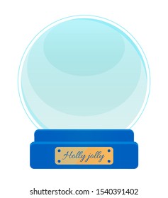 Snow globe, isolated bauble made of glass with pedestal of wood. Empty ball with inscription on label. Decoration in winter season and christmas time. Toy for kids and adults flat style vector