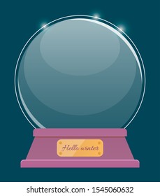 Snow globe, isolated bauble made of glass with pedestal of wood. Empty ball with inscription on label. Decoration in winter season and christmas time. Toy for kids and adults flat style vector