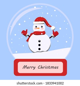 Schneeglobe mit einem kawaii-Schneemann drinnen. Blauer Hintergrund. Vektorgrafik, EPS10. Flacher Stil. Fröhliches Weihnachtskonzept.